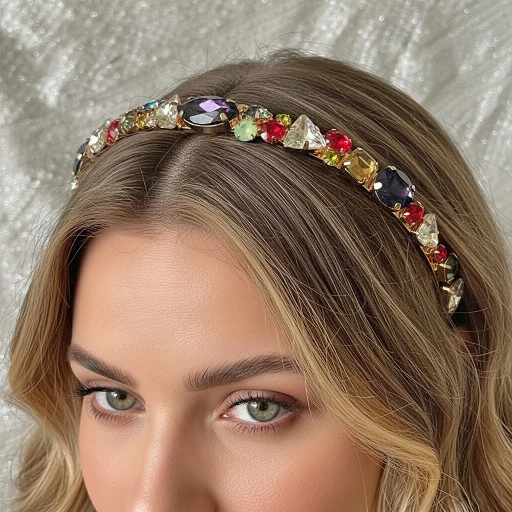Chunky Multicolor Crystal Statement Headband Gold Jewel Tone Hairband OS